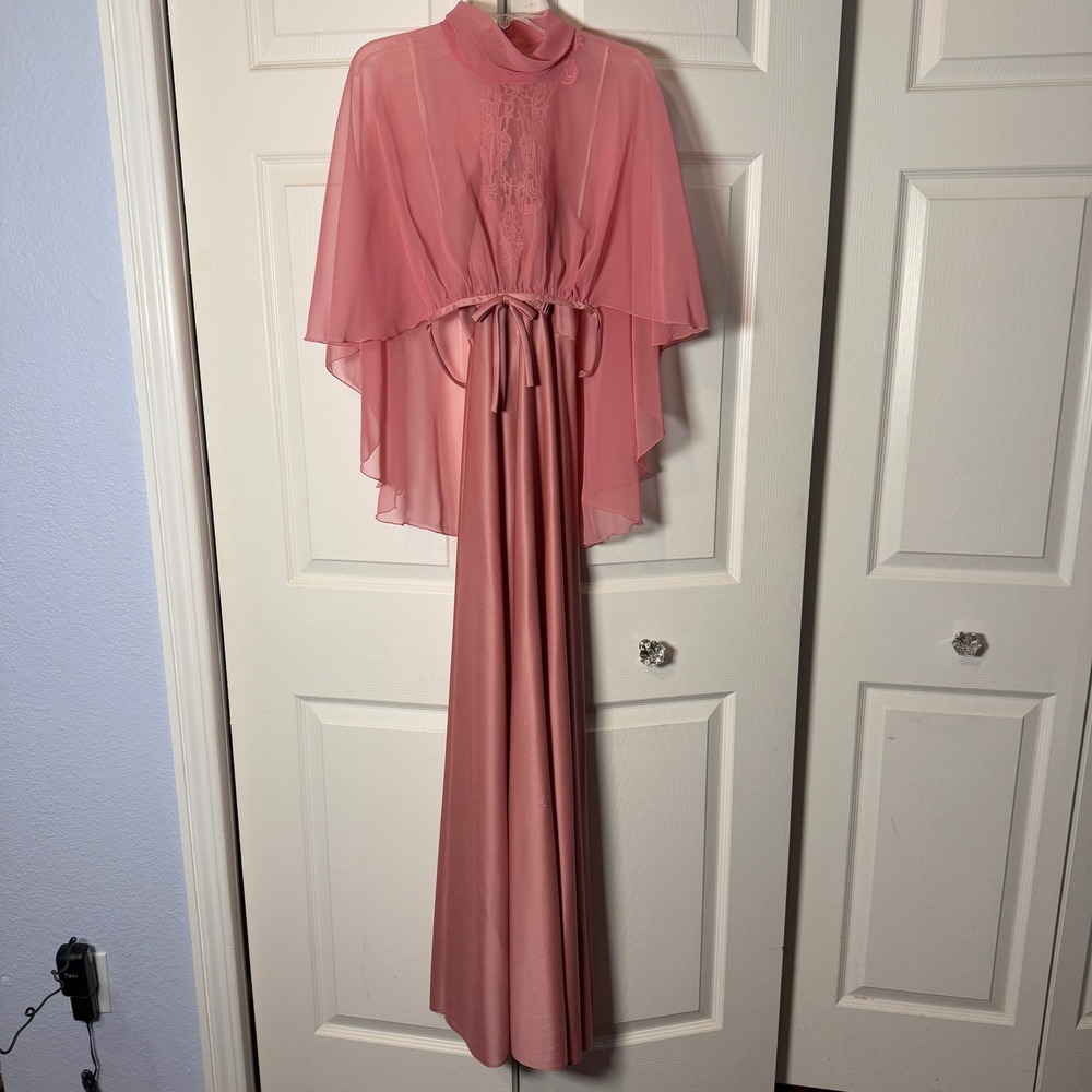 Vintage 70s Gown Dress Cape Capelet Overlay Pink Formal Maxi Halter Size 6-8